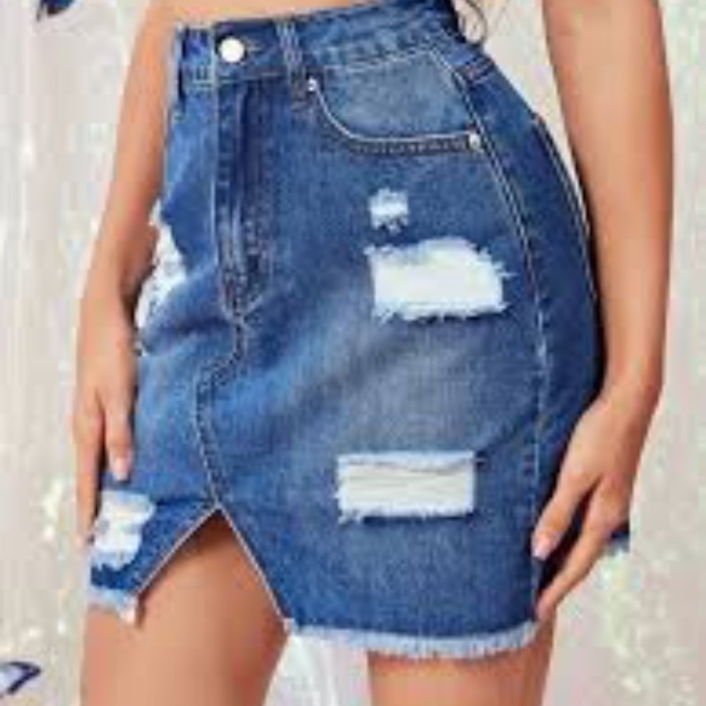 YMI Mini Skirt High Waist Small Distressed Denim Mini Skirt Frayed Hem P…